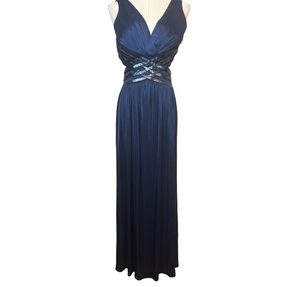 BCBG Navy Blue Small Sleeveless Sequined Formal Gown Dress With V-Neckline - Picture 13 of 16